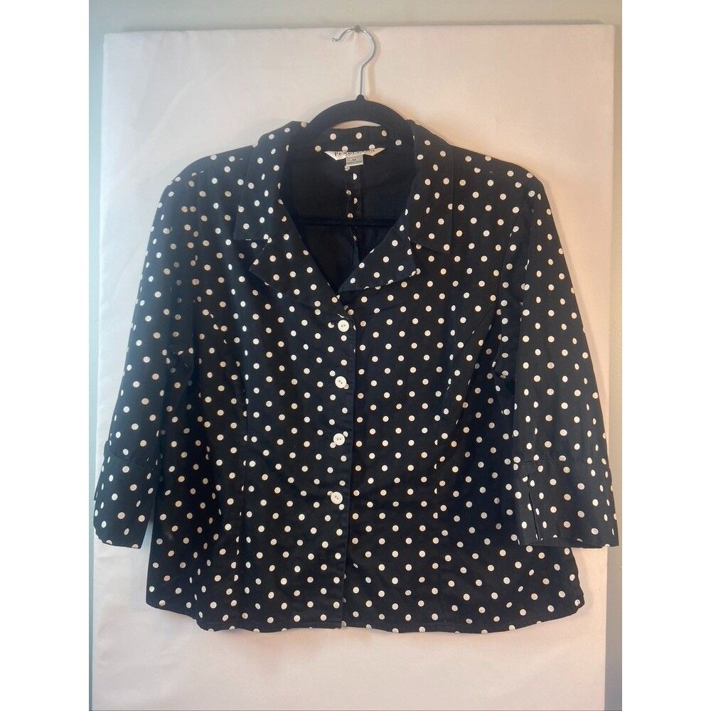 PENDLETON WOMENS SZ MED PETITE BLACK POLKA DOT LONG SLEEVE BLOUSE V NECK